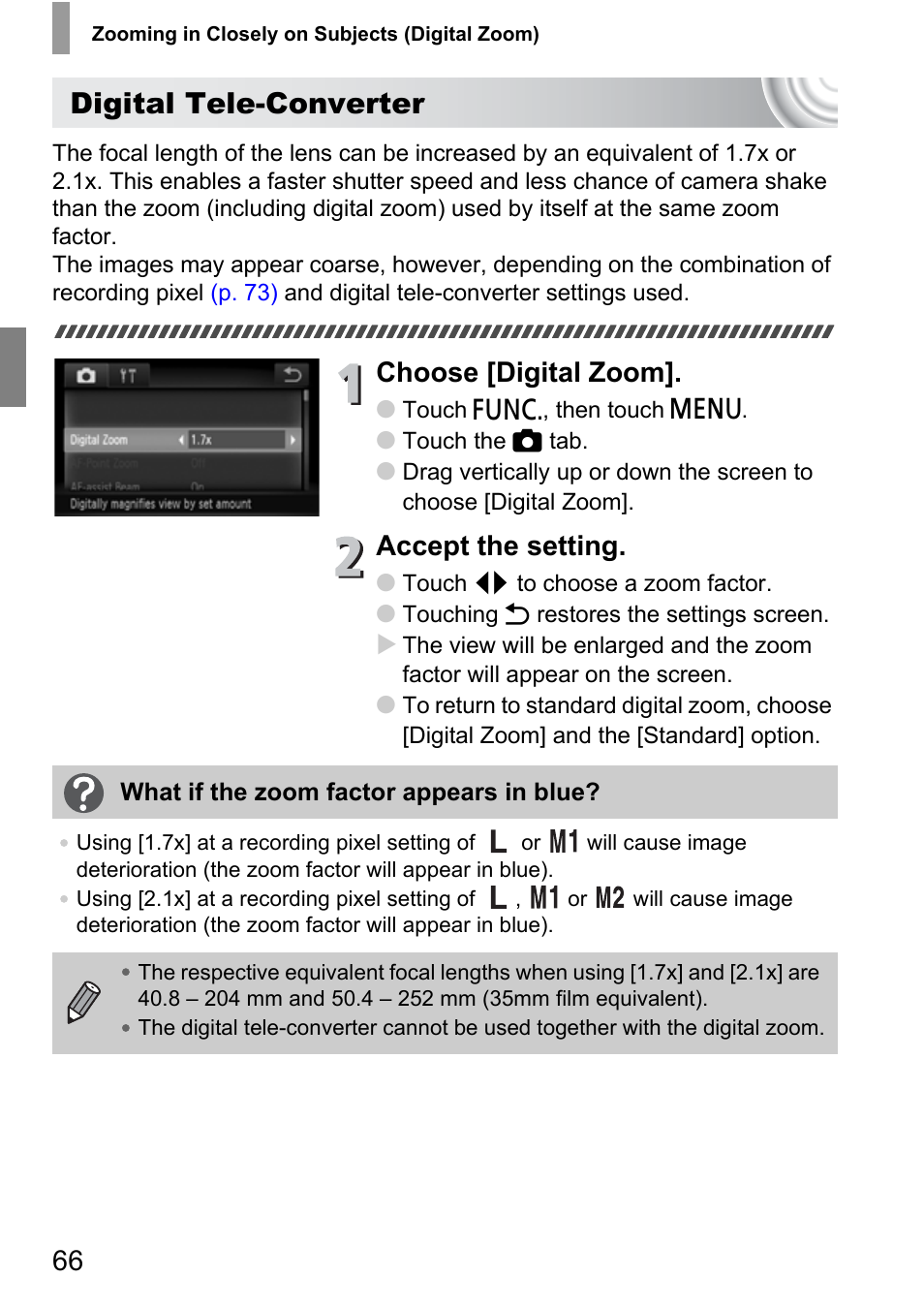 Digital tele-converter, Choose [digital zoom, Accept the setting | Canon 210 User Manual | Page 66 / 176