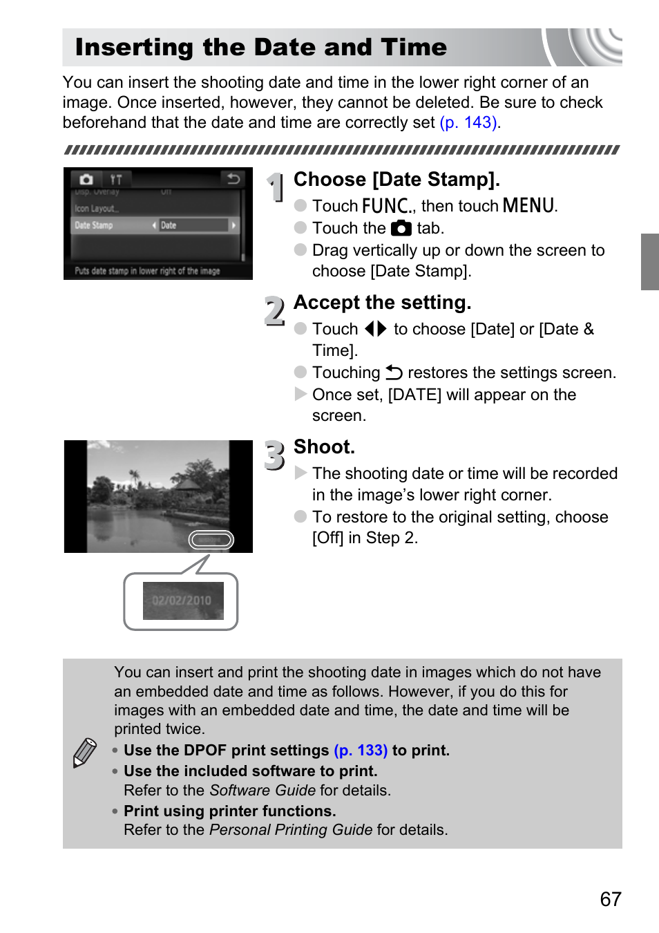 Inserting the date and time, Choose [date stamp, Accept the setting | Shoot | Canon 210 User Manual | Page 67 / 176