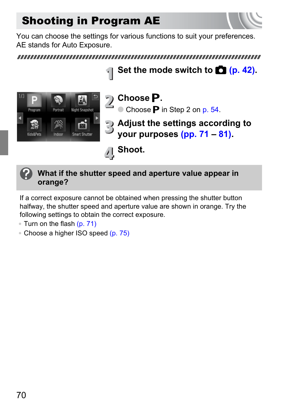 Shooting in program ae | Canon 210 User Manual | Page 70 / 176