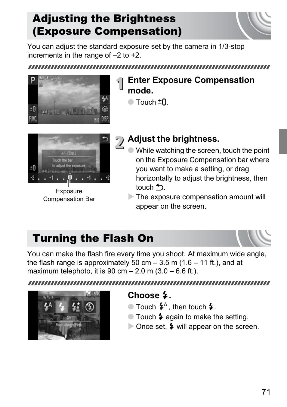 Adjusting the brightness (exposure compensation), Turning the flash on, Adjusting the brightness | Exposure compensation), P. 71), Pp. 71 | Canon 210 User Manual | Page 71 / 176