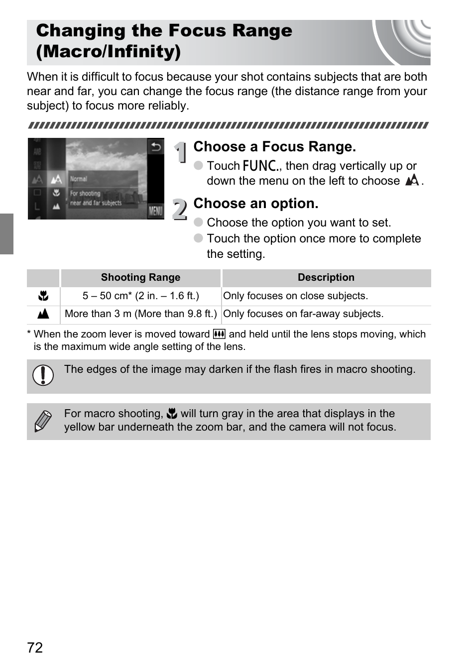 Changing the focus range (macro/infinity), Changing the focus range, Macro/infinity) | Choose a focus range, Choose an option | Canon 210 User Manual | Page 72 / 176