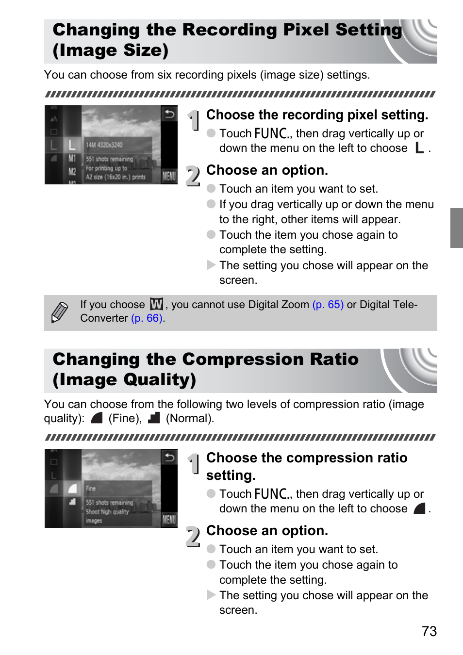 Changing the recording pixel setting (image size), Changing the compression ratio (image quality), Changing the recording pixel setting | Image size), Changing the compression ratio, Image quality), Choose the recording pixel setting, Choose an option, Choose the compression ratio setting | Canon 210 User Manual | Page 73 / 176