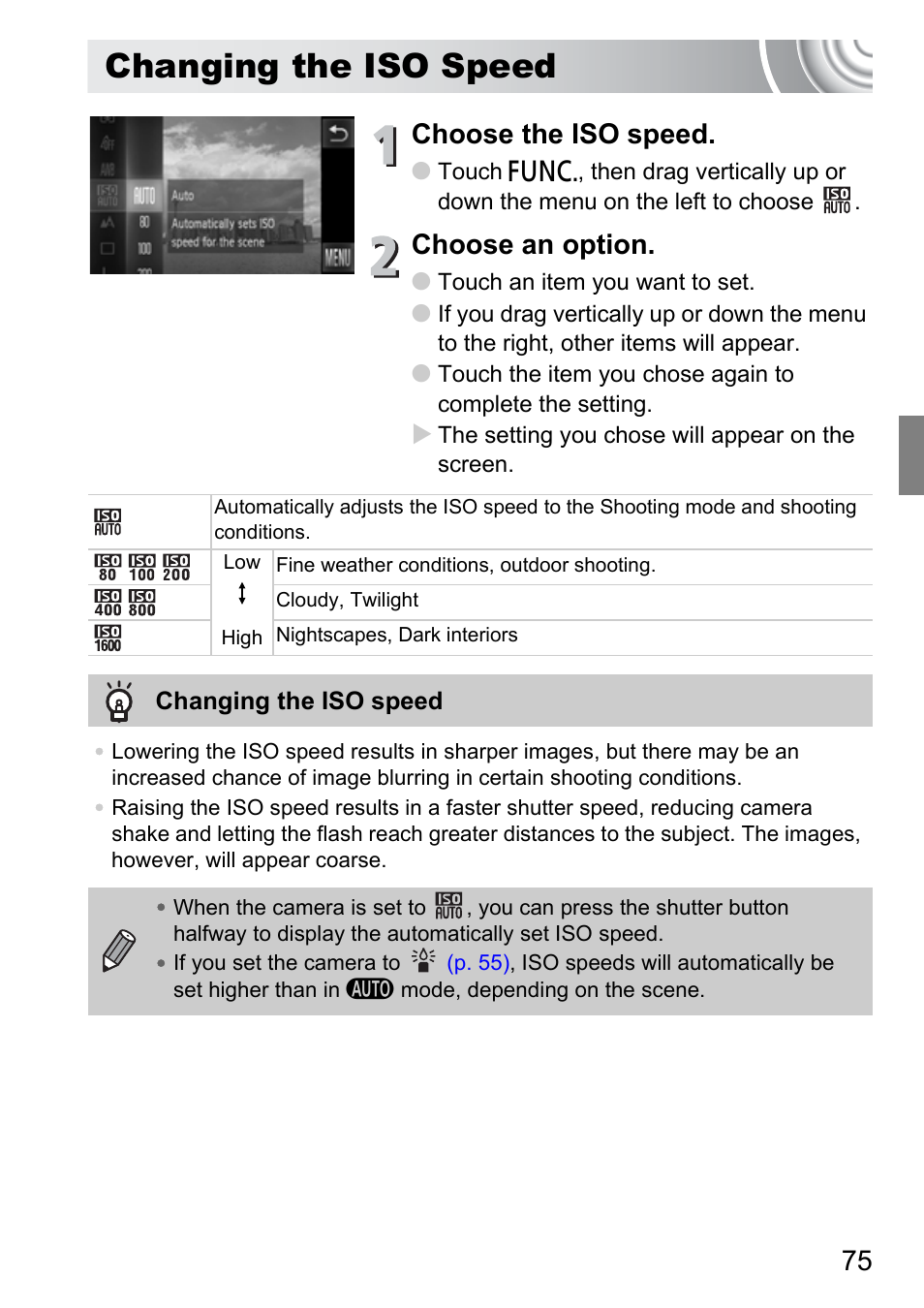 Changing the iso speed, P. 75), Is increased | Choose the iso speed, Choose an option | Canon 210 User Manual | Page 75 / 176