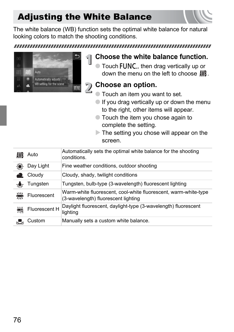 Adjusting the white balance, Choose the white balance function, Choose an option | Canon 210 User Manual | Page 76 / 176