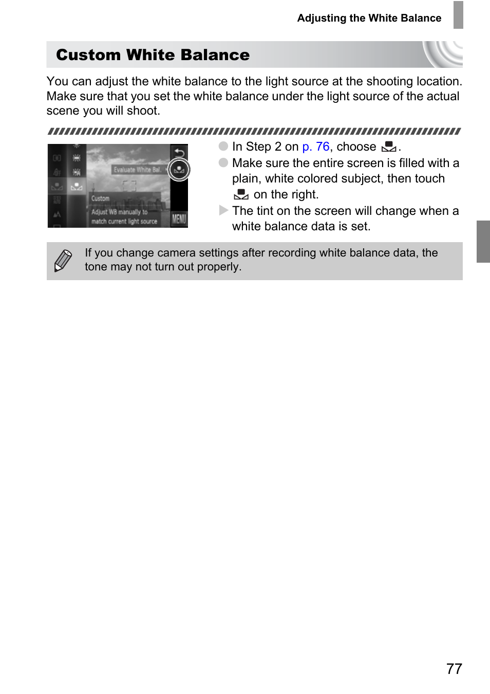 P. 77), Custom white balance | Canon 210 User Manual | Page 77 / 176