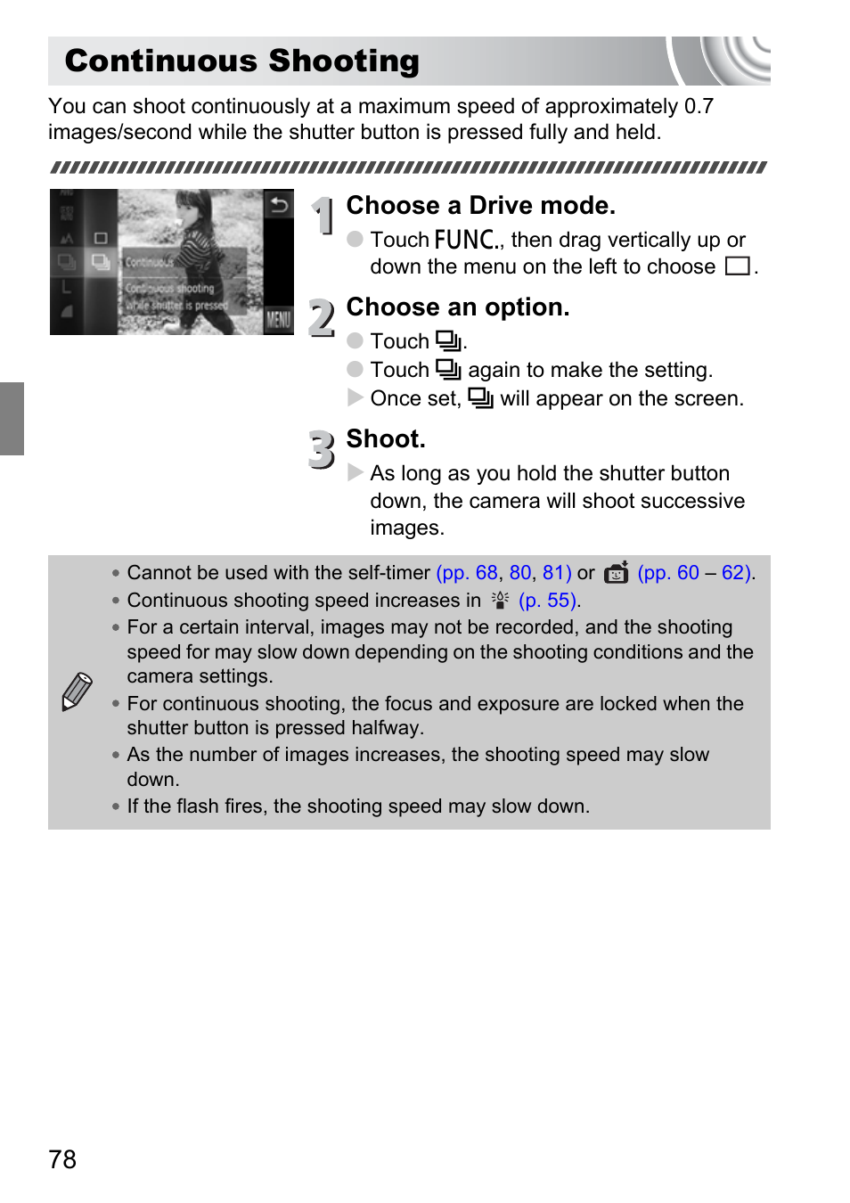 Continuous shooting, Choose a drive mode, Choose an option | Shoot | Canon 210 User Manual | Page 78 / 176