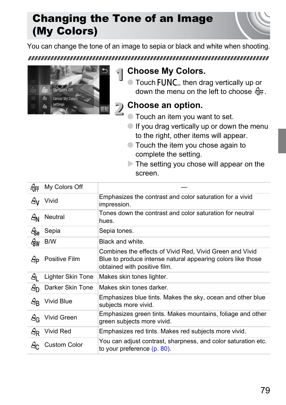 Changing the tone of an image (my colors), Changing the tone of an image, My colors) | Choose my colors, Choose an option | Canon 210 User Manual | Page 79 / 176
