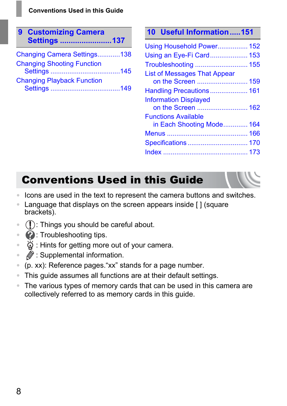 Conventions used in this guide | Canon 210 User Manual | Page 8 / 176