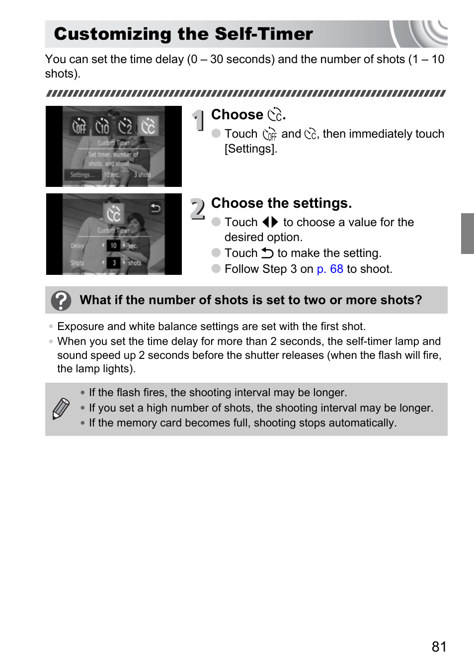 Customizing the self-timer, Choose, Choose the settings | Canon 210 User Manual | Page 81 / 176