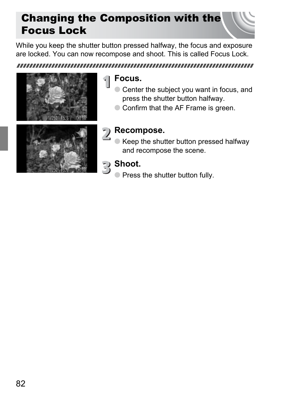 Changing the composition with the focus lock, Changing the composition, With the focus lock | Canon 210 User Manual | Page 82 / 176