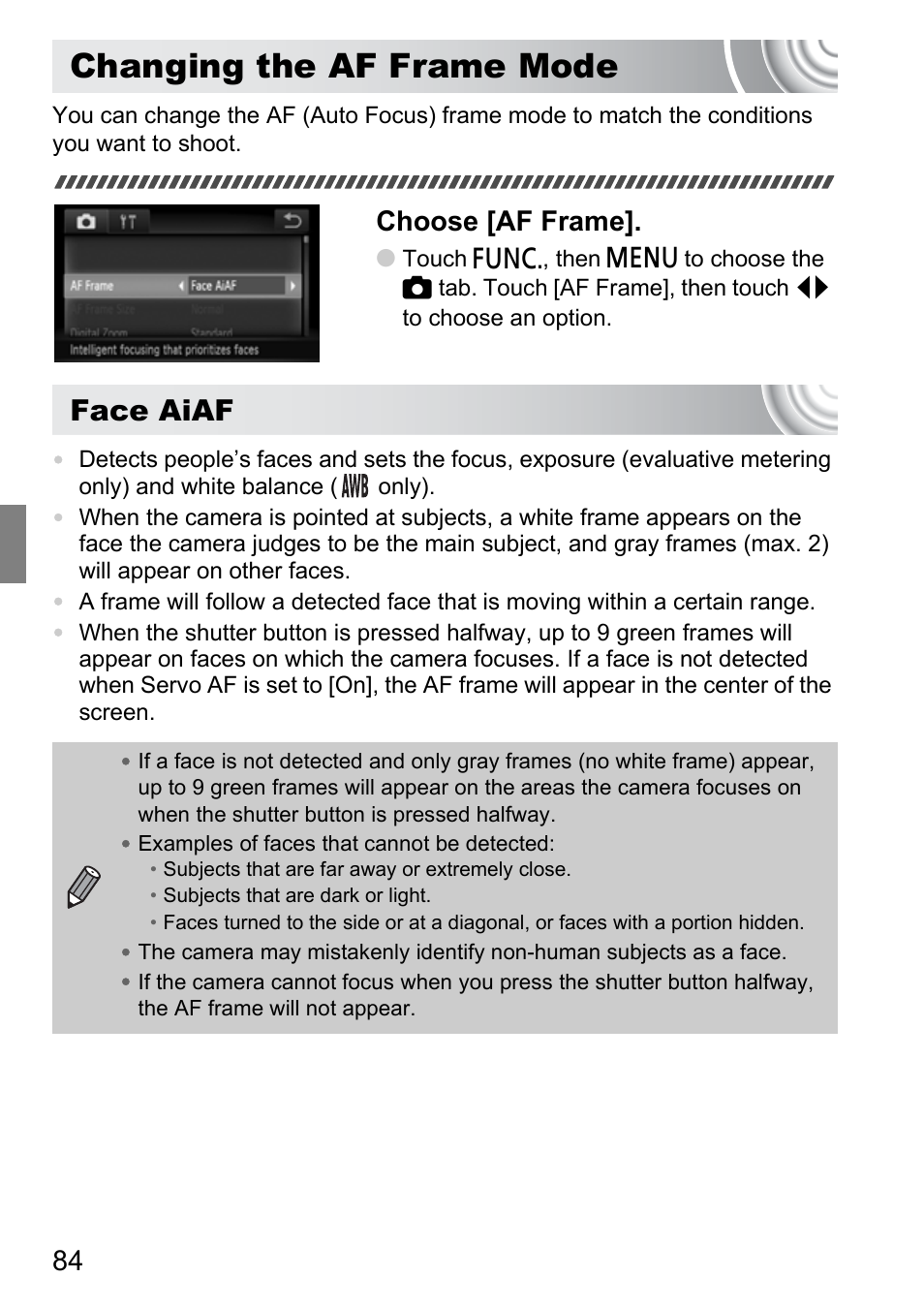 Changing the af frame mode, P. 84), Face aiaf | Choose [af frame | Canon 210 User Manual | Page 84 / 176