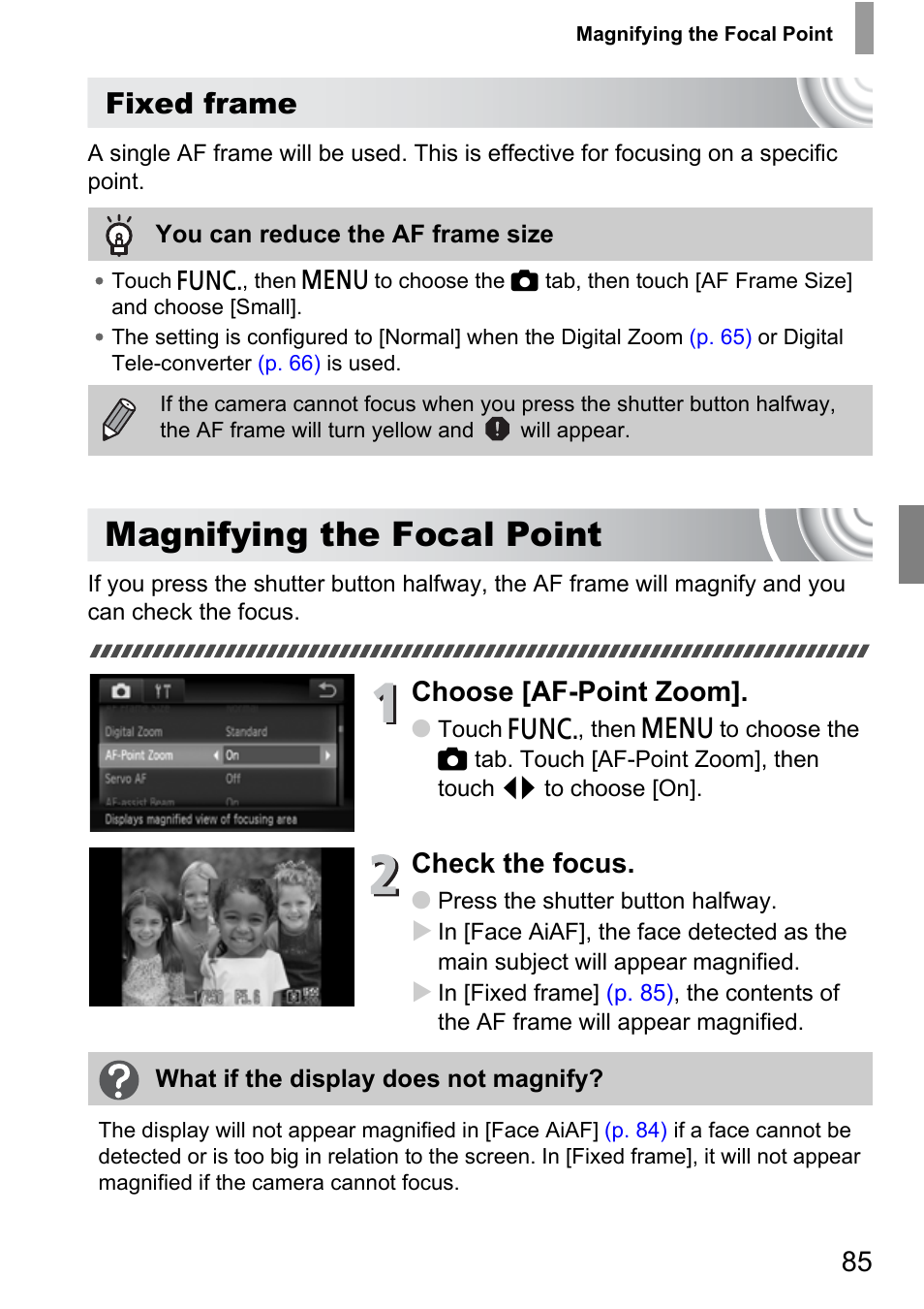 Magnifying the focal point, Fixed frame, Choose [af-point zoom | Check the focus | Canon 210 User Manual | Page 85 / 176