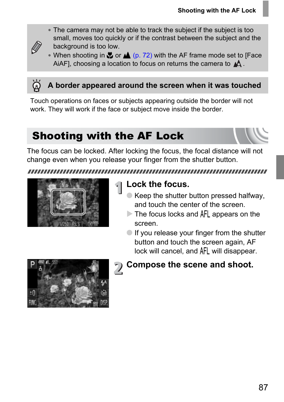 Shooting with the af lock, Lock the focus, Compose the scene and shoot | Canon 210 User Manual | Page 87 / 176