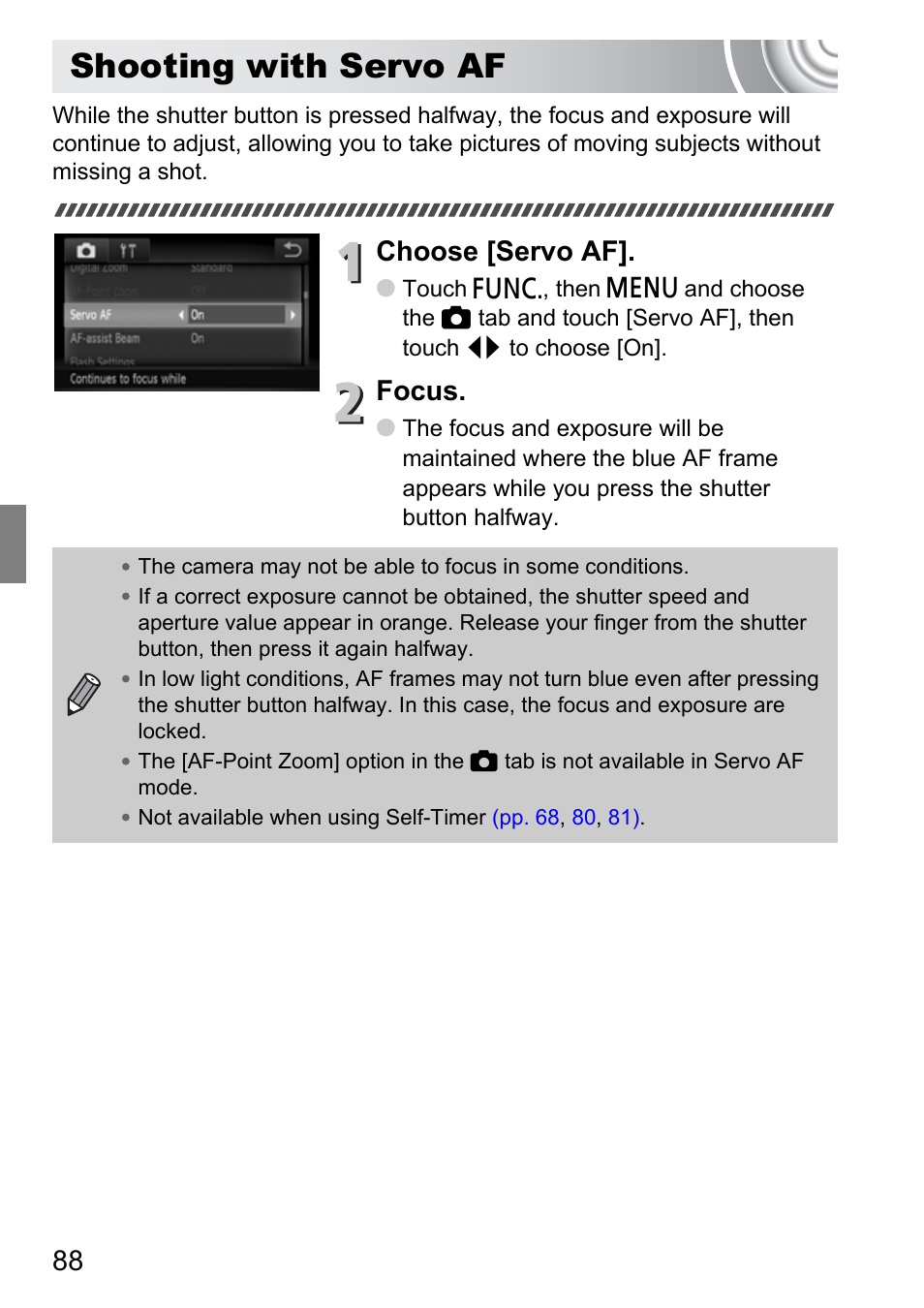 Shooting with servo af, P. 88), Choose [servo af | Focus | Canon 210 User Manual | Page 88 / 176