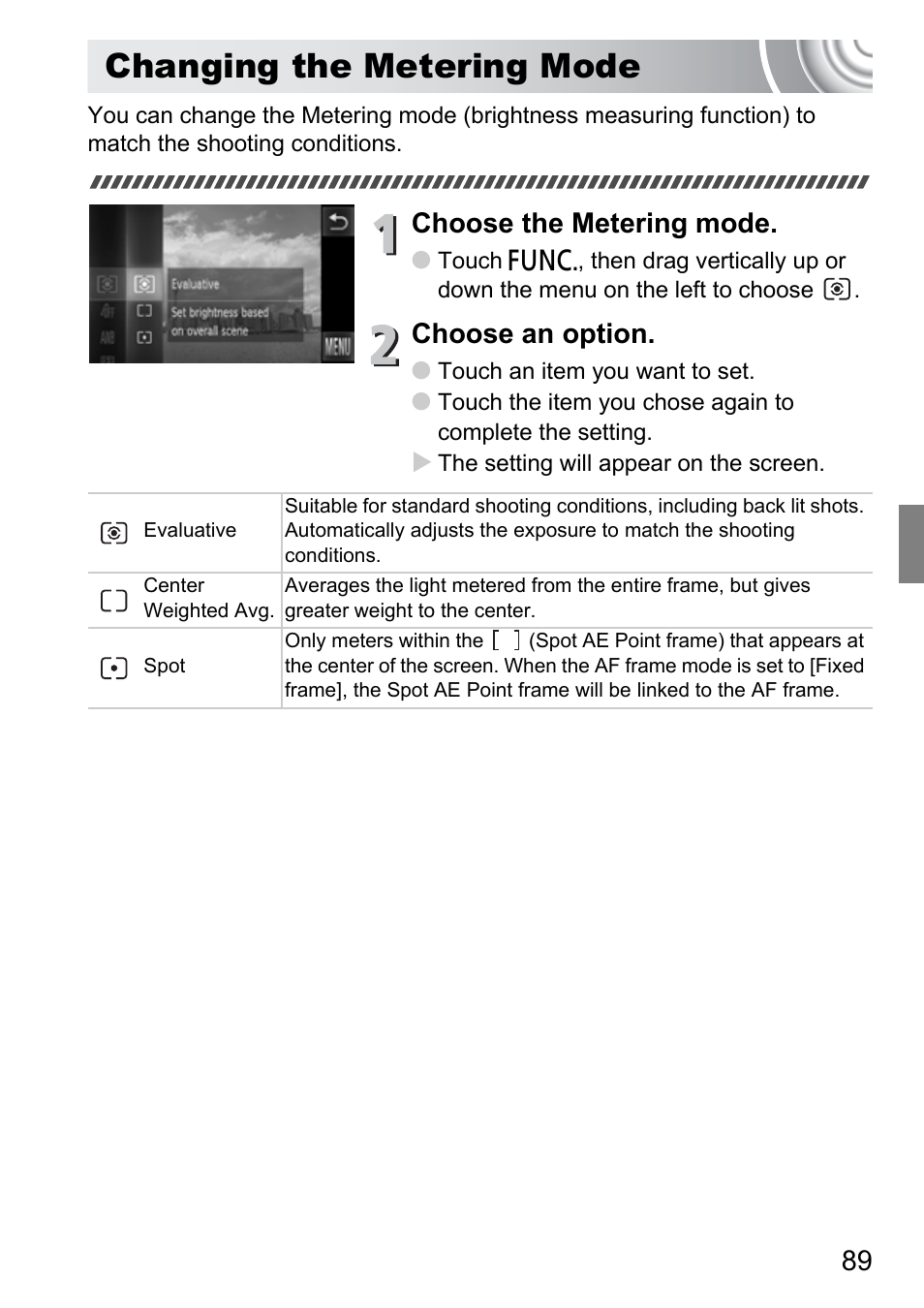 Changing the metering mode, Choose the metering mode, Choose an option | Canon 210 User Manual | Page 89 / 176