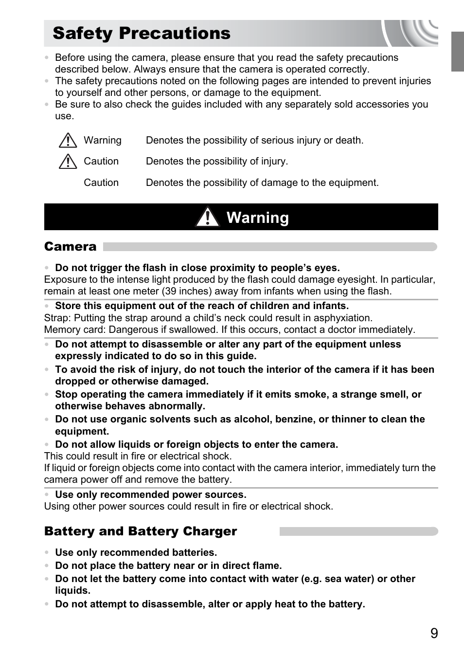 Safety precautions, Warning | Canon 210 User Manual | Page 9 / 176
