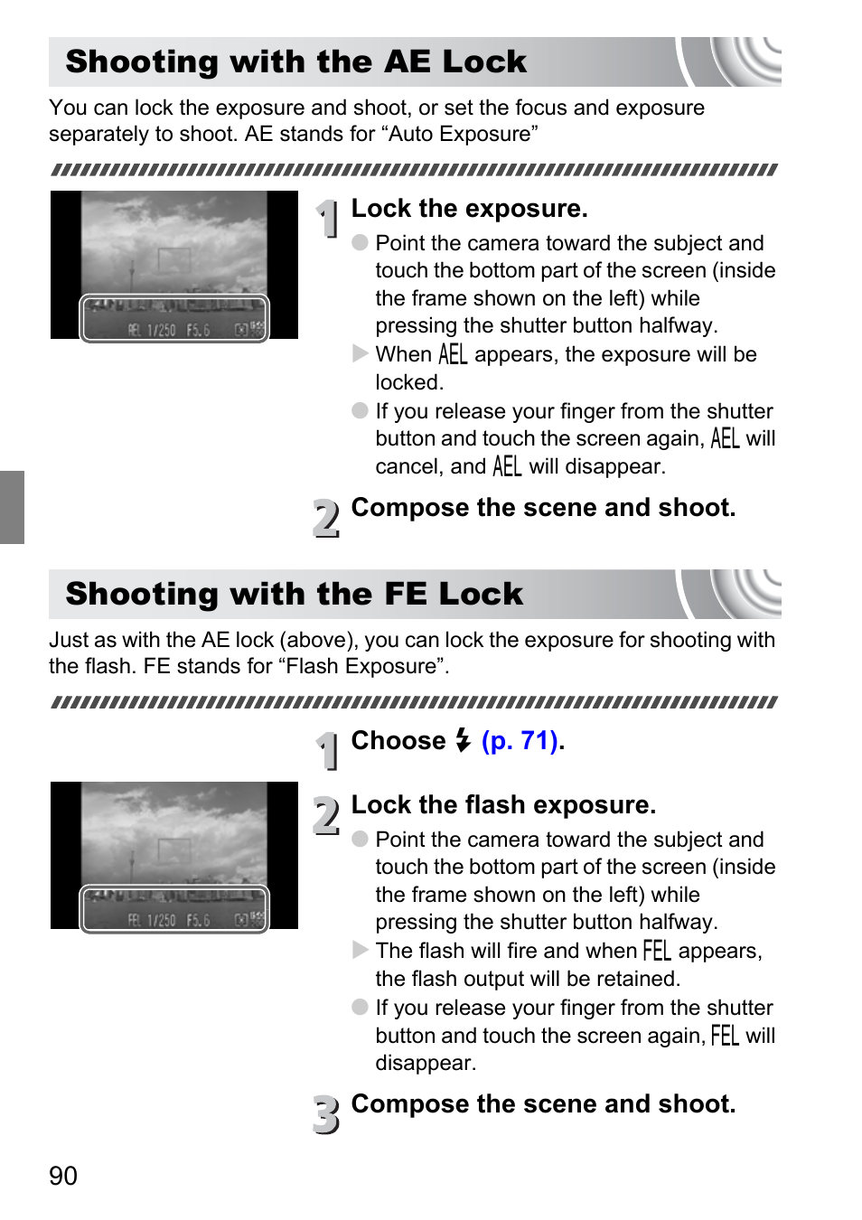 Shooting with the ae lock, Shooting with the fe lock | Canon 210 User Manual | Page 90 / 176