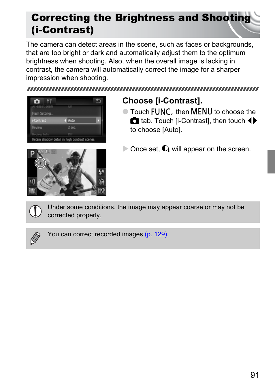 Correcting the brightness and, Shooting (i-contrast), Choose [i-contrast | Canon 210 User Manual | Page 91 / 176