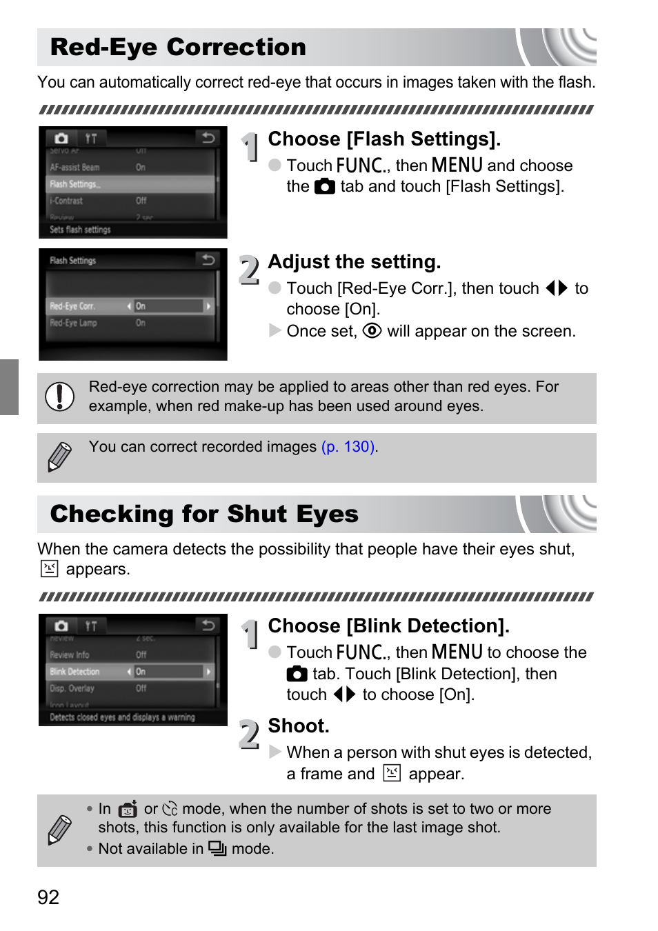 Red-eye correction, Checking for shut eyes, Red-eye correction checking for shut eyes | Choose [flash settings, Adjust the setting, Choose [blink detection, Shoot | Canon 210 User Manual | Page 92 / 176