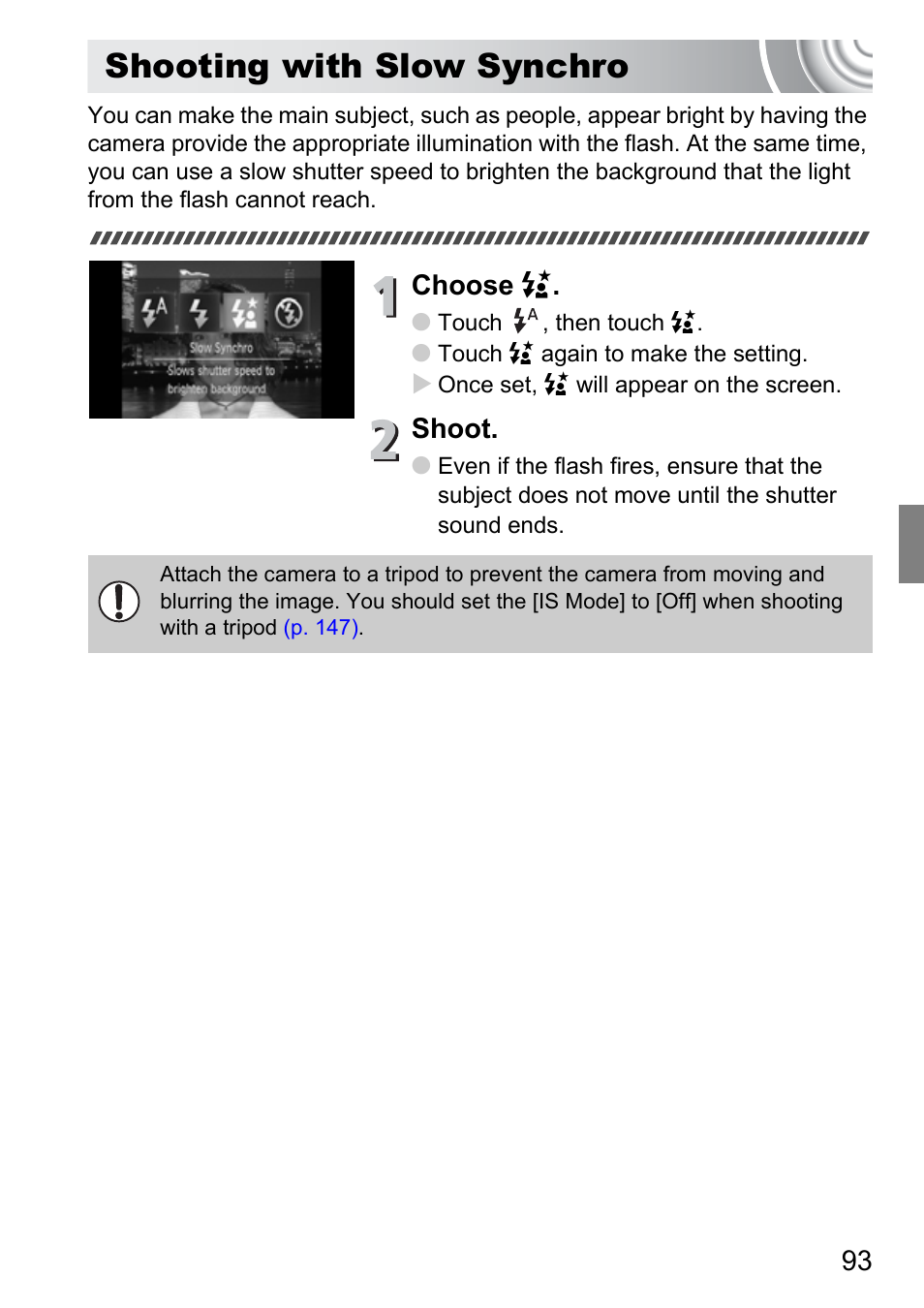 Shooting with slow synchro, Choose, Shoot | Canon 210 User Manual | Page 93 / 176