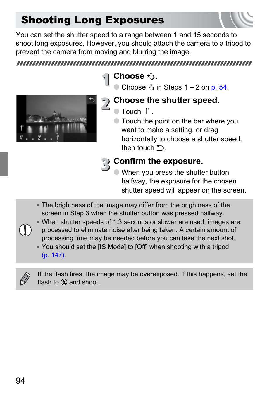 Shooting long exposures, P. 94), Choose | Choose the shutter speed, Confirm the exposure | Canon 210 User Manual | Page 94 / 176