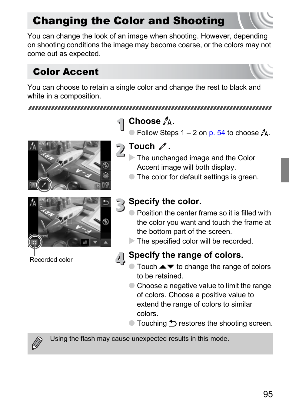 Changing the color and shooting, Osen in color accent, P. 95) | Color accent, Choose t, Touch, Specify the color, Specify the range of colors | Canon 210 User Manual | Page 95 / 176
