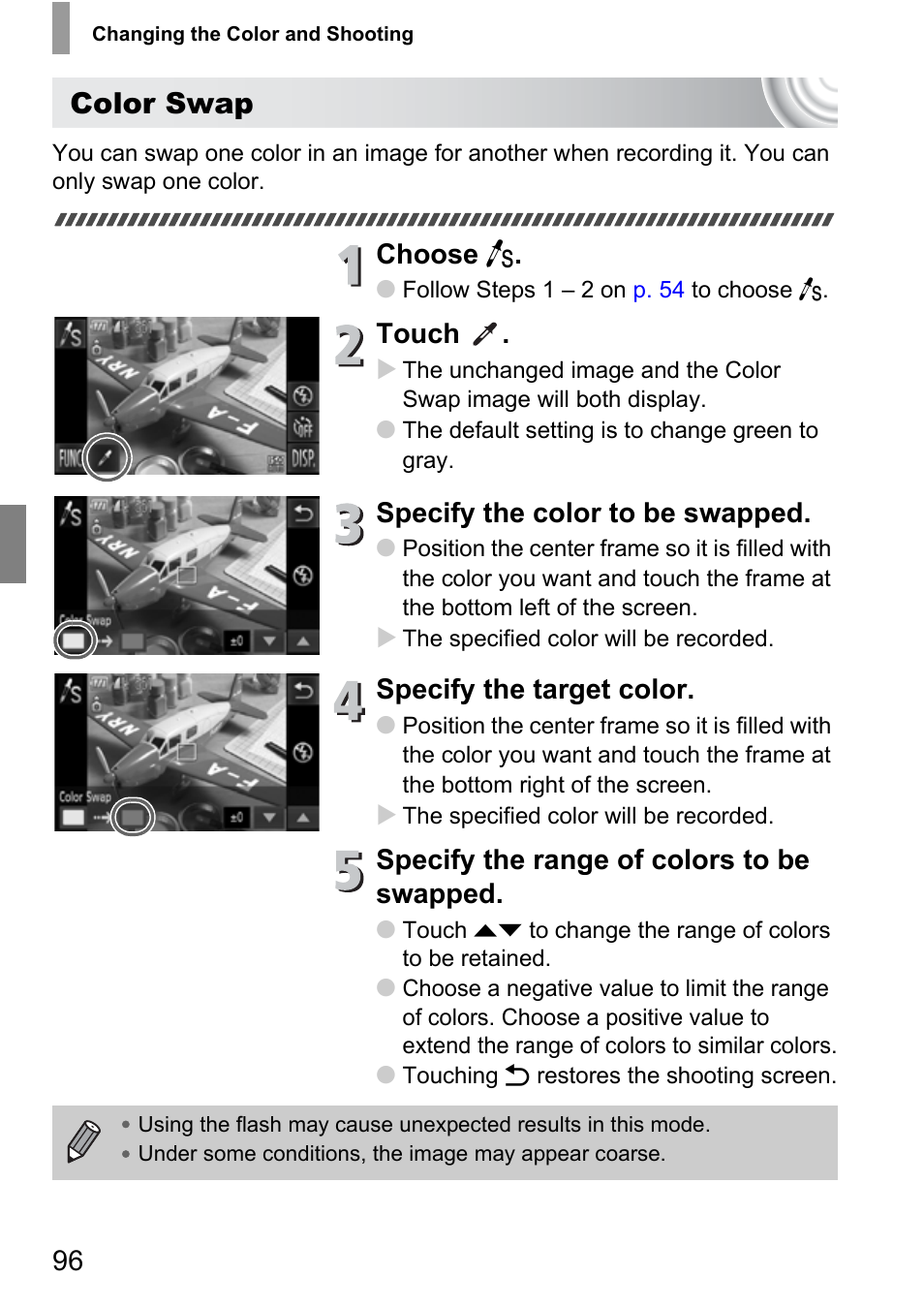 P. 96), Color swap, Choose y | Touch, Specify the color to be swapped, Specify the target color, Specify the range of colors to be swapped | Canon 210 User Manual | Page 96 / 176