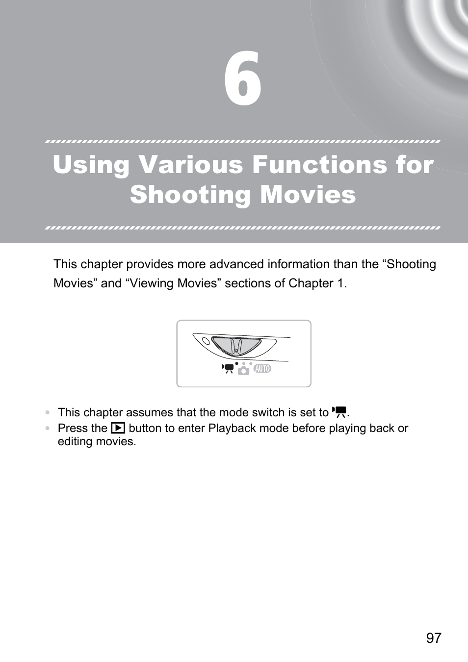 6 using various functions for shooting movies, 6 using various, Functions for shooting | Movies, Using various functions for shooting movies | Canon 210 User Manual | Page 97 / 176