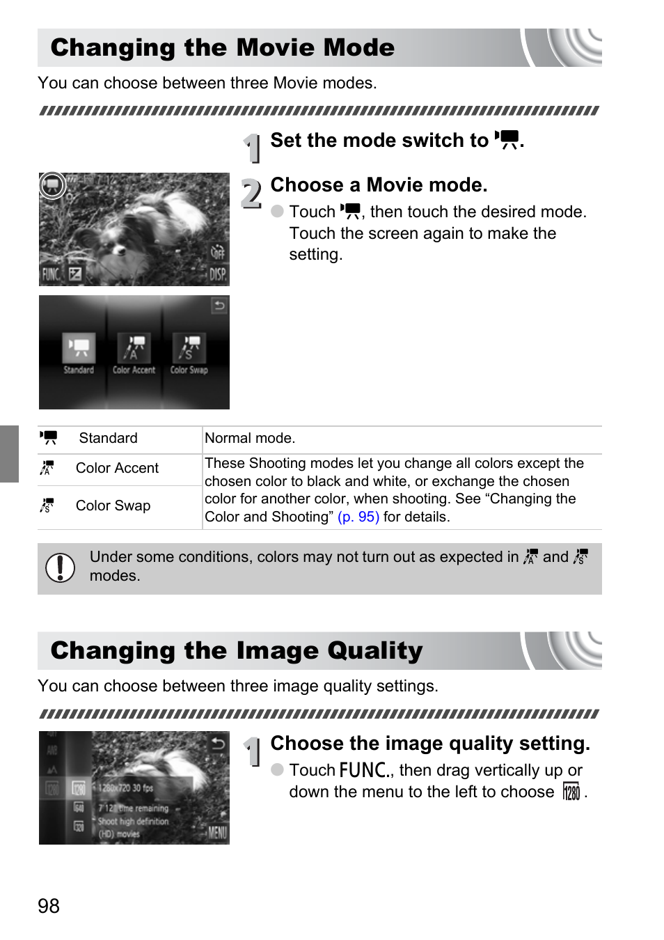 Changing the movie mode, Changing the image quality, Changing the movie mode changing the image quality | Set the mode switch to e . choose a movie mode, Choose the image quality setting | Canon 210 User Manual | Page 98 / 176