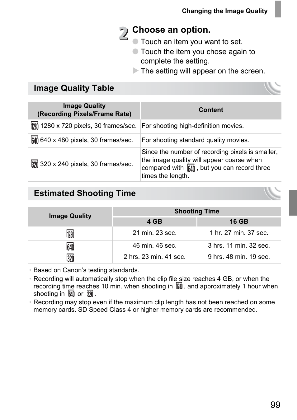 Choose an option, Image quality table estimated shooting time | Canon 210 User Manual | Page 99 / 176