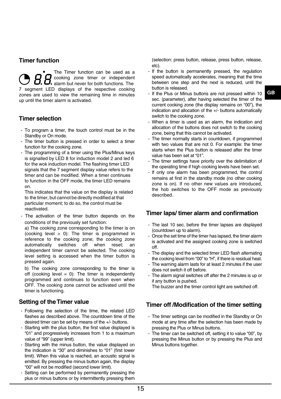 Timer function, Timer selection, Setting of the timer value | Timer laps/ timer alarm and confirmation, Timer off /modification of the timer setting | Baumatic BHIW400SS User Manual | Page 16 / 68