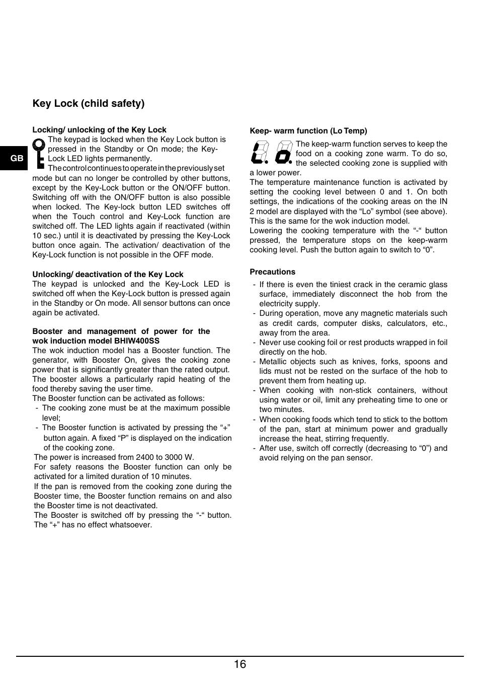 Key lock (child safety) | Baumatic BHIW400SS User Manual | Page 17 / 68