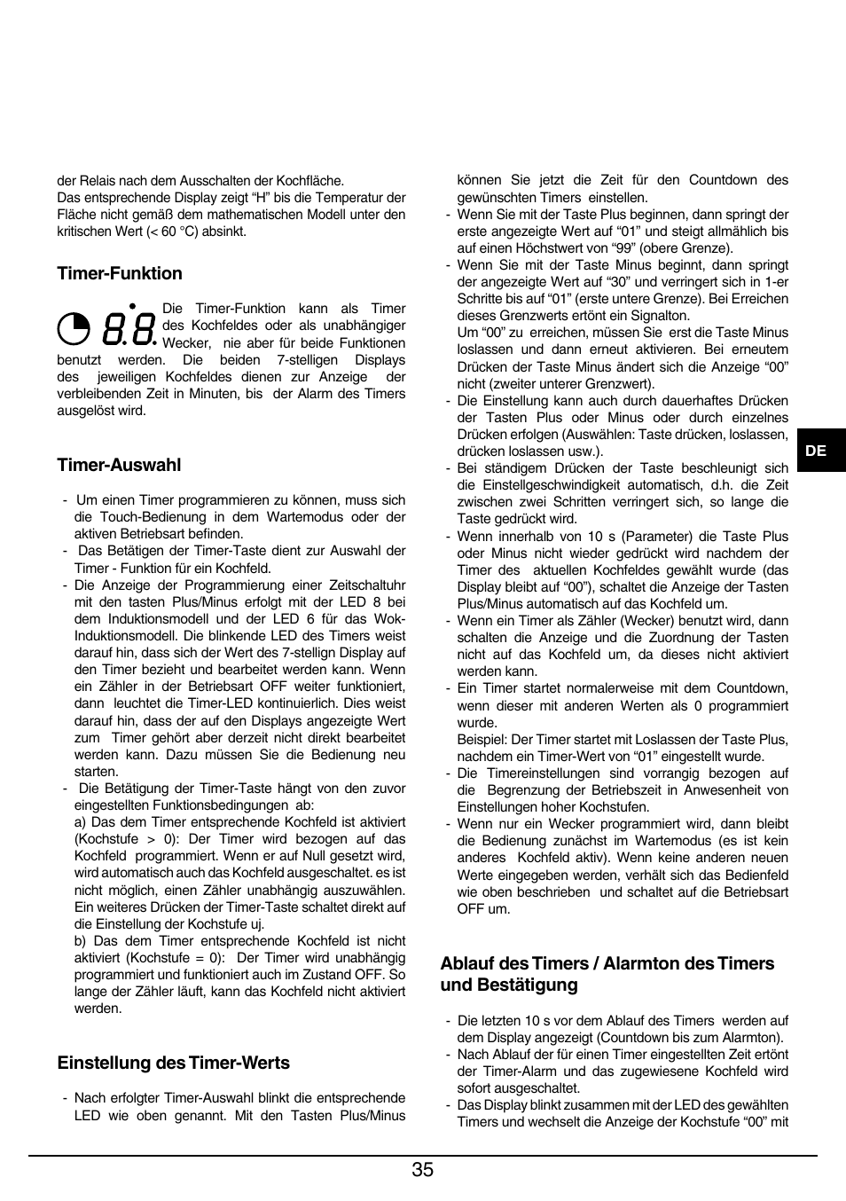 Timer-funktion, Timer-auswahl, Einstellung des timer-werts | Baumatic BHIW400SS User Manual | Page 36 / 68