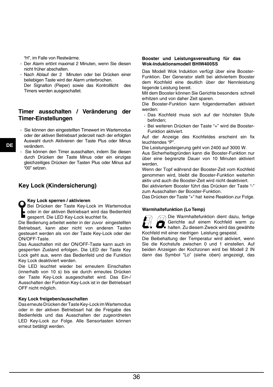 Key lock (kindersicherung) | Baumatic BHIW400SS User Manual | Page 37 / 68