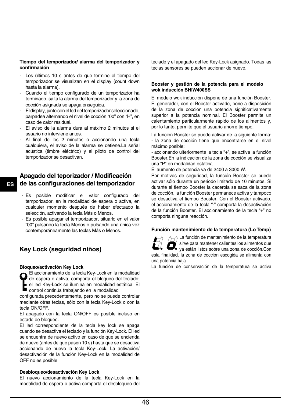 Key lock (seguridad niños) | Baumatic BHIW400SS User Manual | Page 47 / 68