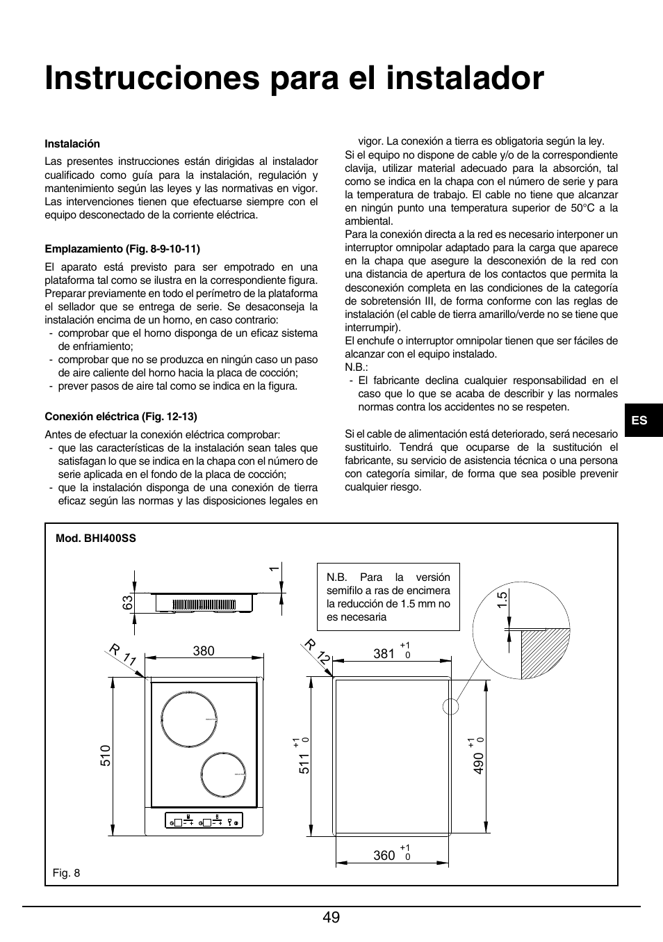 Instrucciones para el instalador | Baumatic BHIW400SS User Manual | Page 50 / 68