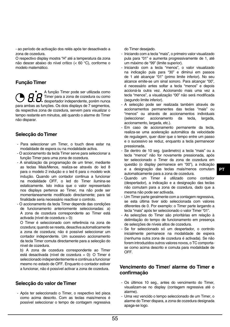Função timer, Selecção do timer, Selecção do valor de timer | Vencimento do timer/ alarme do timer e confirmação | Baumatic BHIW400SS User Manual | Page 56 / 68