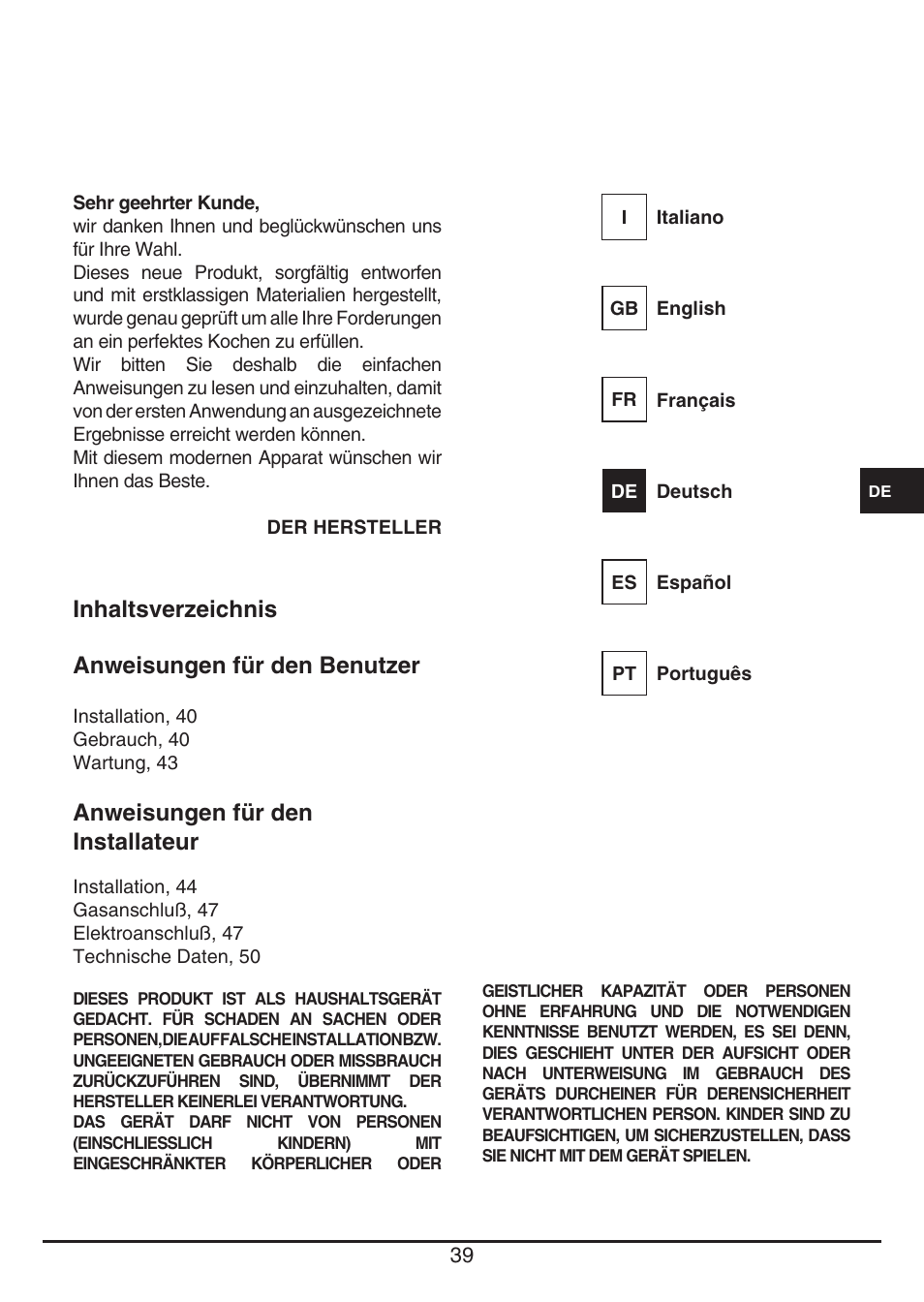 Inhaltsverzeichnis anweisungen für den benutzer, Anweisungen für den installateur | Baumatic BHG112SS User Manual | Page 39 / 76