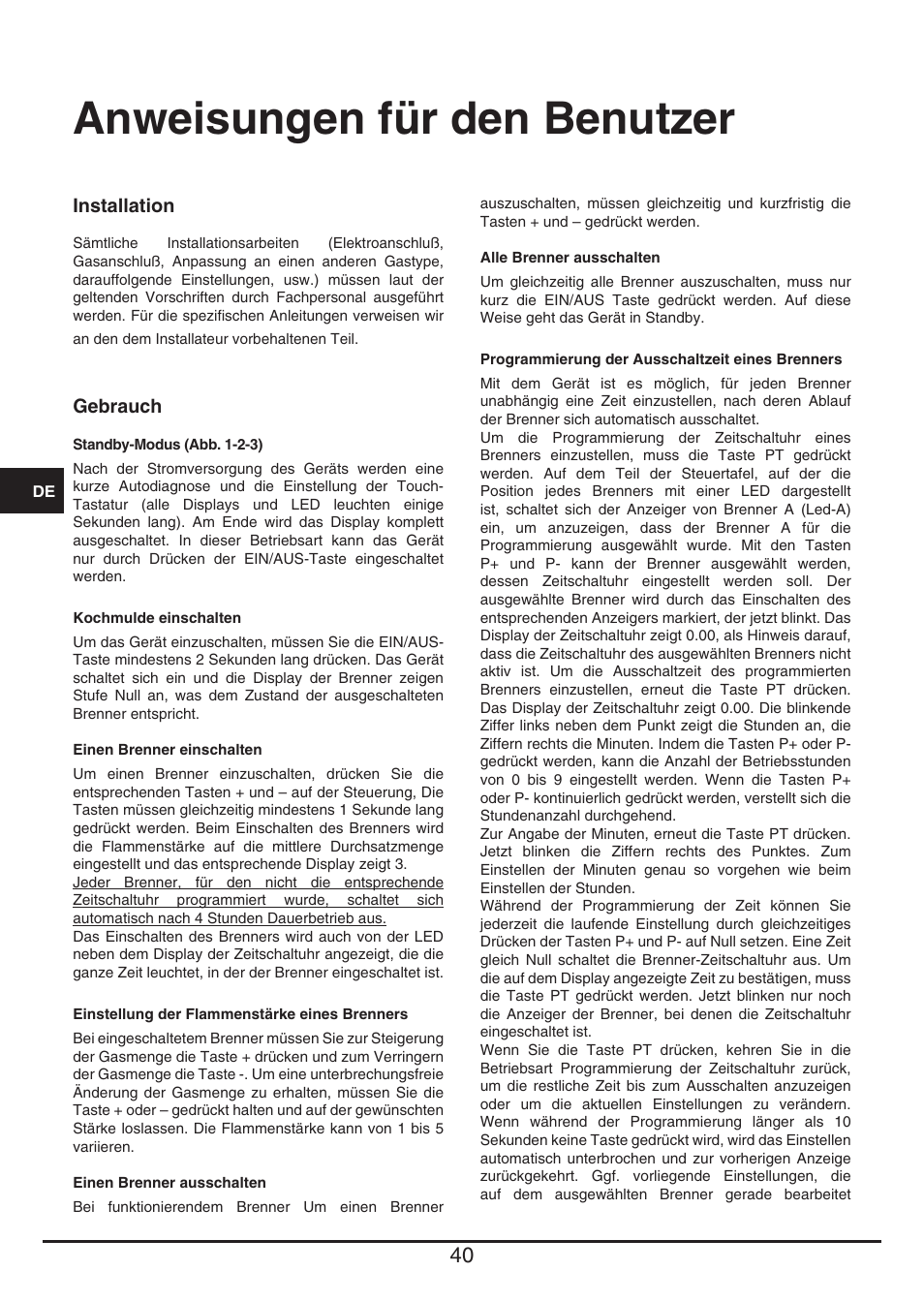 Anweisungen für den benutzer | Baumatic BHG112SS User Manual | Page 40 / 76