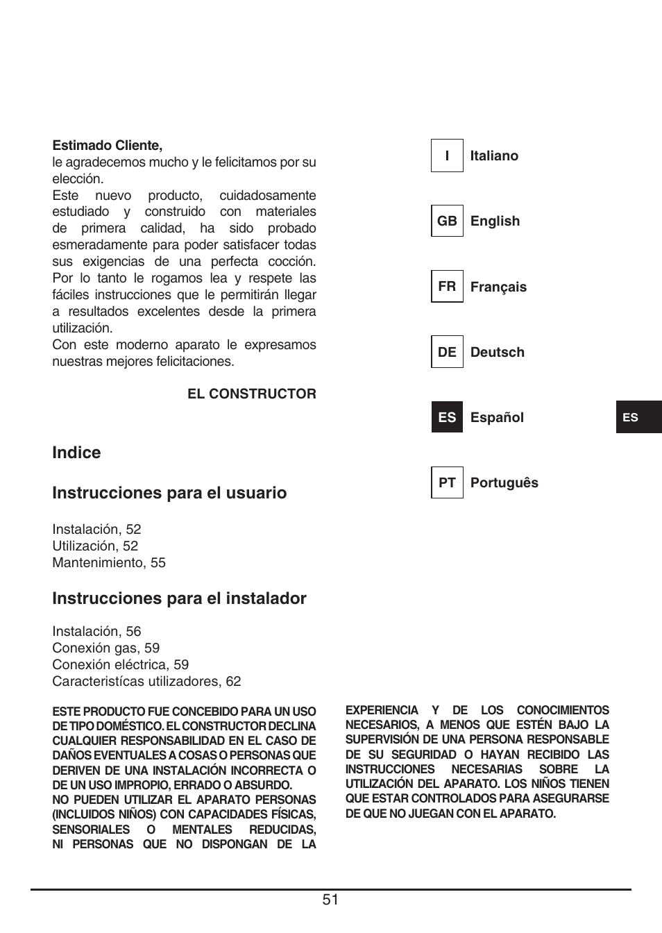 Indice instrucciones para el usuario, Instrucciones para el instalador | Baumatic BHG112SS User Manual | Page 51 / 76