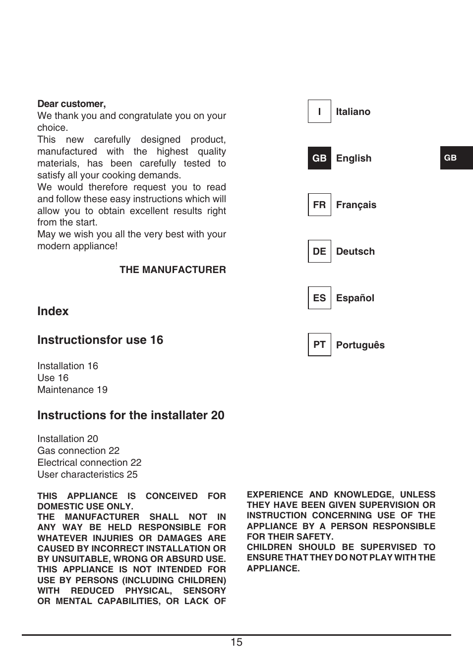 Index instructionsfor use 16, Instructions for the installater 20 | Baumatic BHG400SS User Manual | Page 15 / 76