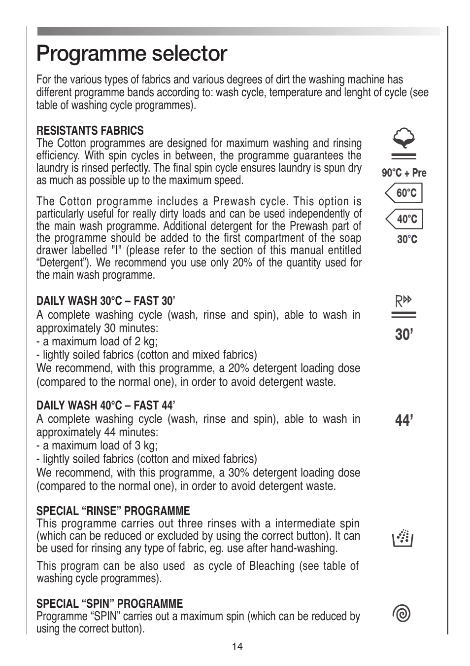 Programme selector | Baumatic BWMI1262DN1 User Manual | Page 14 / 36