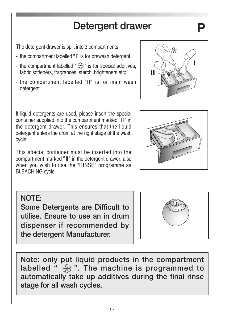 Detergent drawer | Baumatic BWMI1262DN1 User Manual | Page 17 / 36