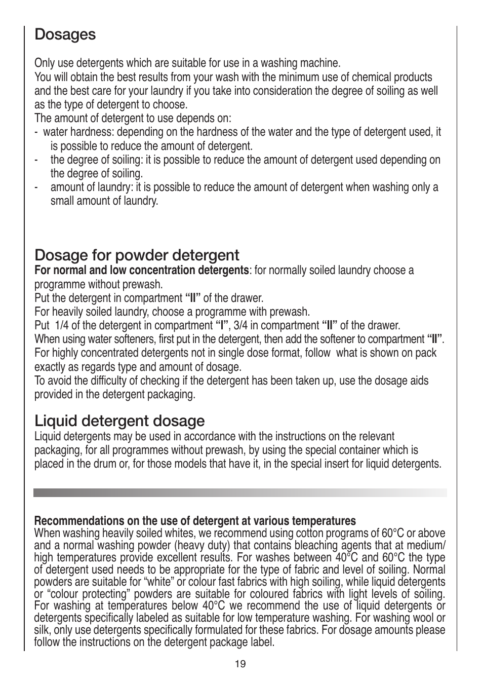 Dosages, Dosage for powder detergent, Liquid detergent dosage | Baumatic BWMI1262DN1 User Manual | Page 19 / 36