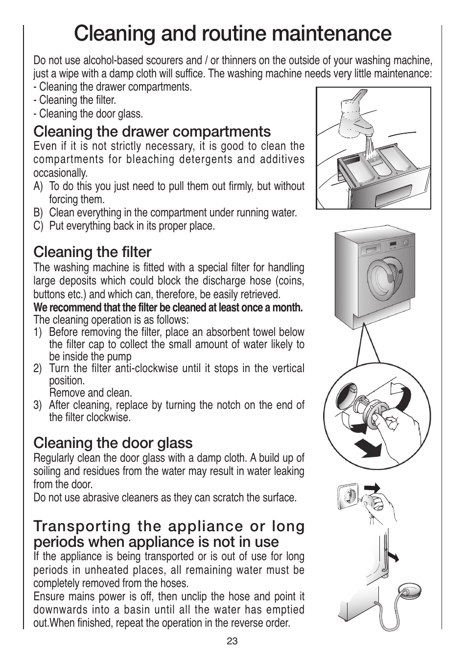 Cleaning and routine maintenance, Cleaning the drawer compartments, Cleaning the filter | Cleaning the door glass | Baumatic BWMI1262DN1 User Manual | Page 23 / 36