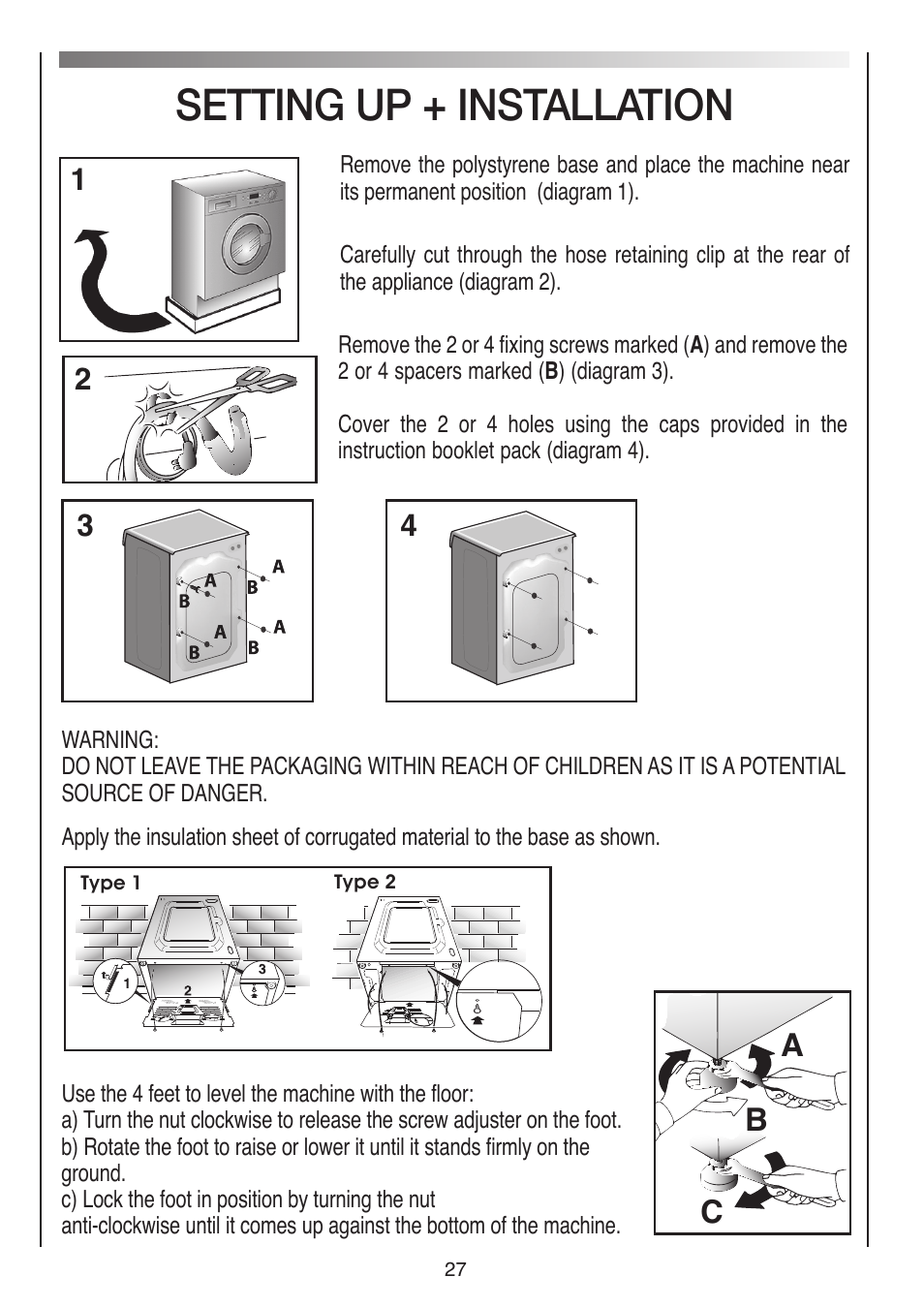 Setting up + installation, Ab c | Baumatic BWMI1262DN1 User Manual | Page 27 / 36