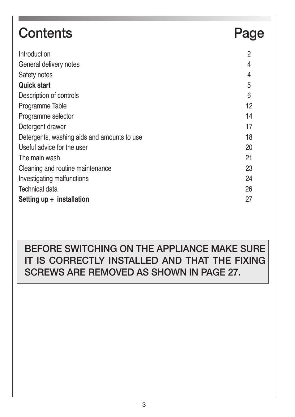 Contents page | Baumatic BWMI1262DN1 User Manual | Page 3 / 36