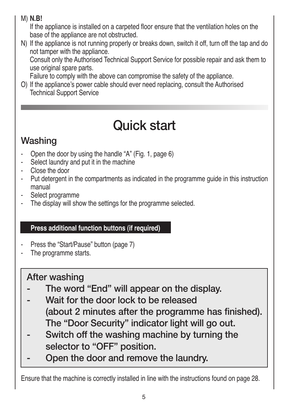 Quick start, Washing | Baumatic BWMI1262DN1 User Manual | Page 5 / 36