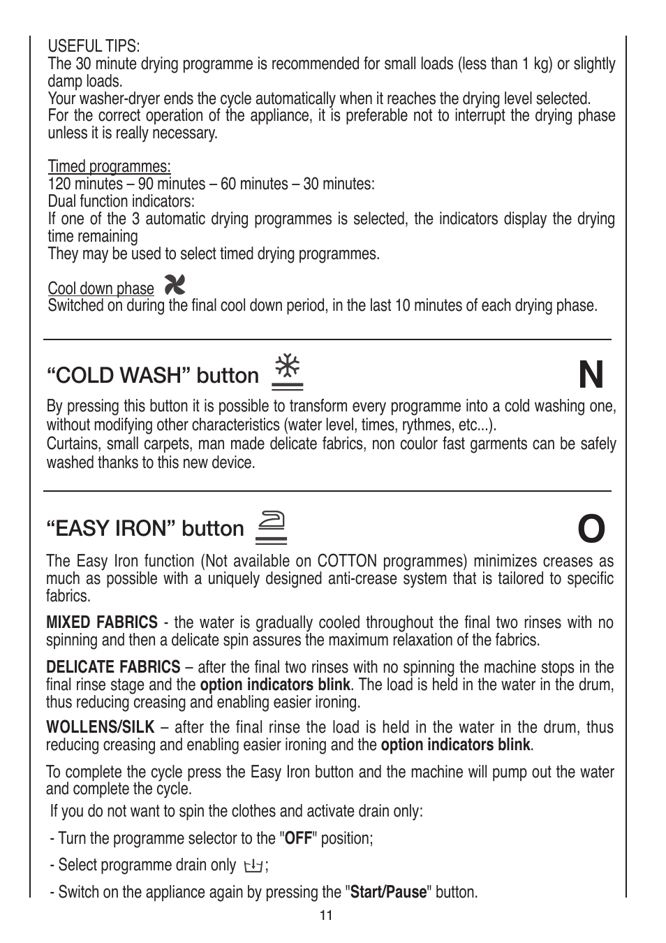 Cold wash” button, Easy iron” button | Baumatic BWDI126N User Manual | Page 11 / 40