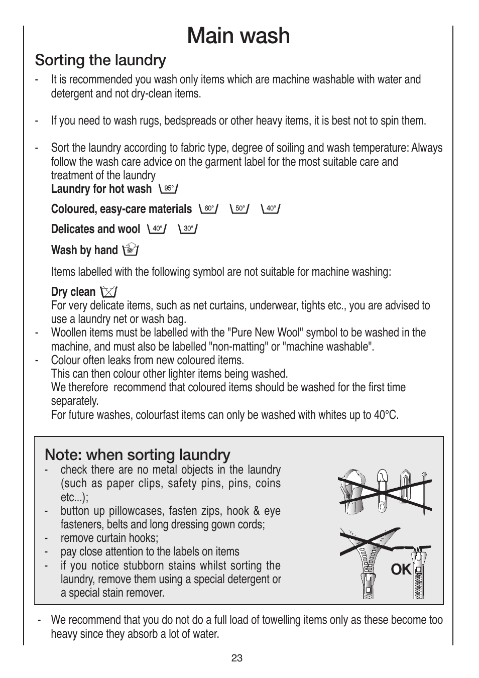 Main wash, Sorting the laundry | Baumatic BWDI126N User Manual | Page 23 / 40
